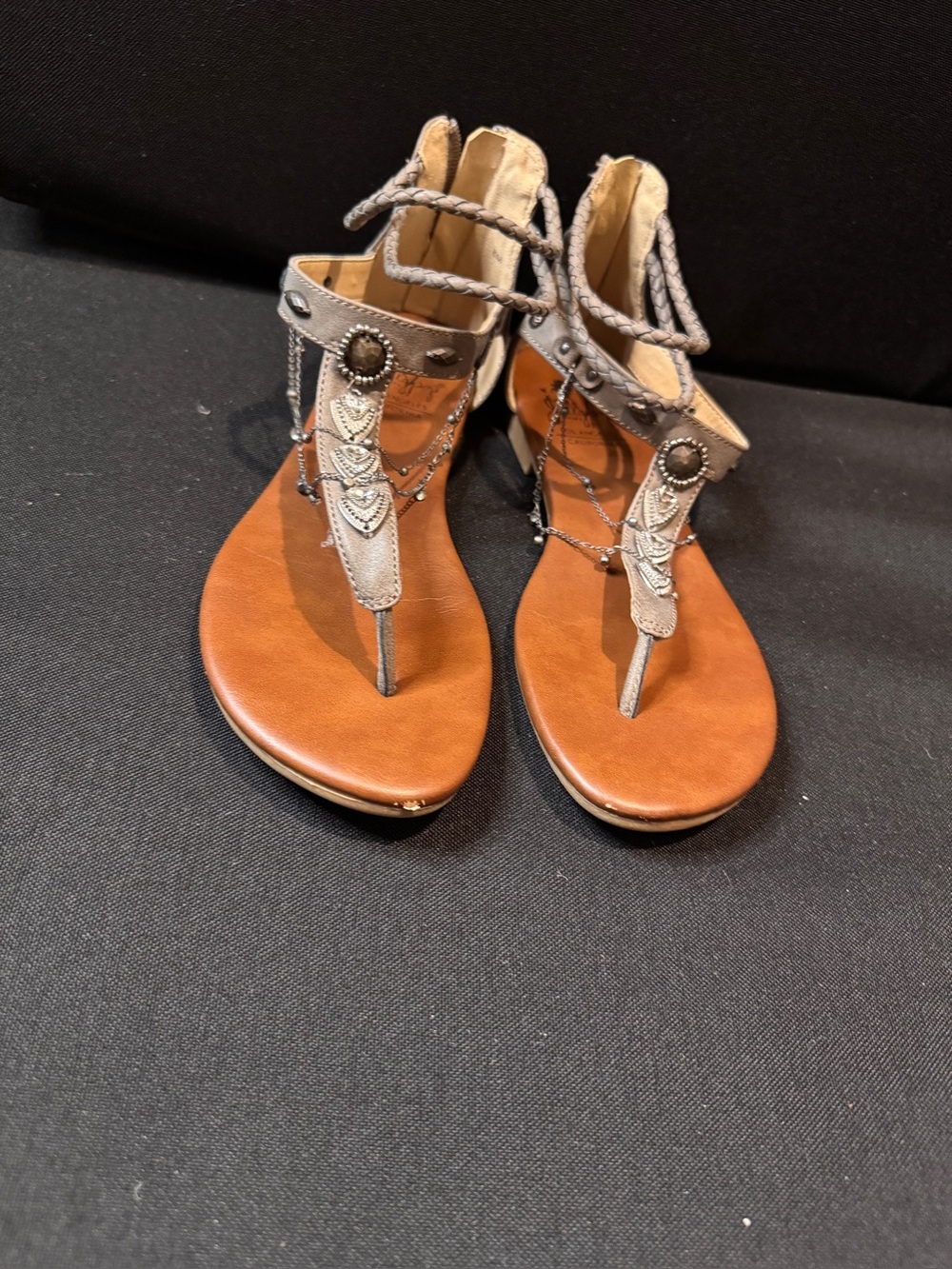 Jellypop Brown Footbed Sandal with Silver T-Strap & Braided Ankle Tie